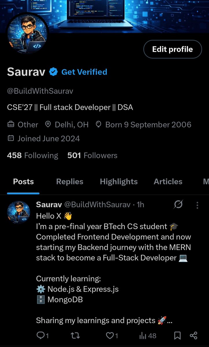 BuildWithSaurav's tweet image. Just reached 500 followers on X 🎉

Started this account to document my journey as a CS student, and I didn’t expect this support so soon.

Grateful for everyone who follows, engages, and grows with me 💻

Road to 1K starts now 🚀