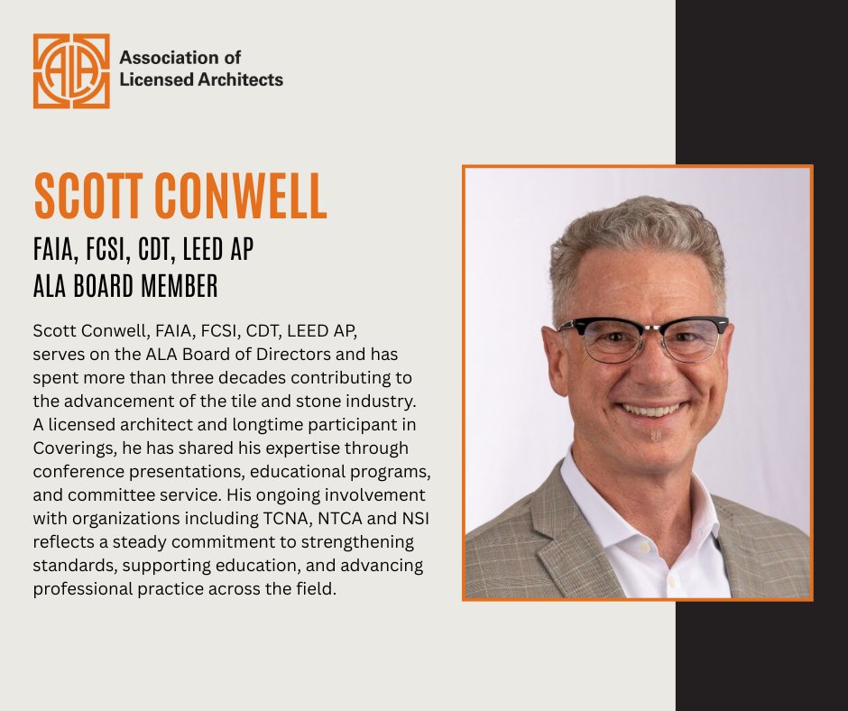 ALA Board Member Scott Conwell is nominated for the #Coverings2026 People’s Choice Award! 🎉

Support Scott by casting your vote through Feb. 20 (one vote per day).

Please vote here:
coverings.com/coverings-cham…
Thank you!