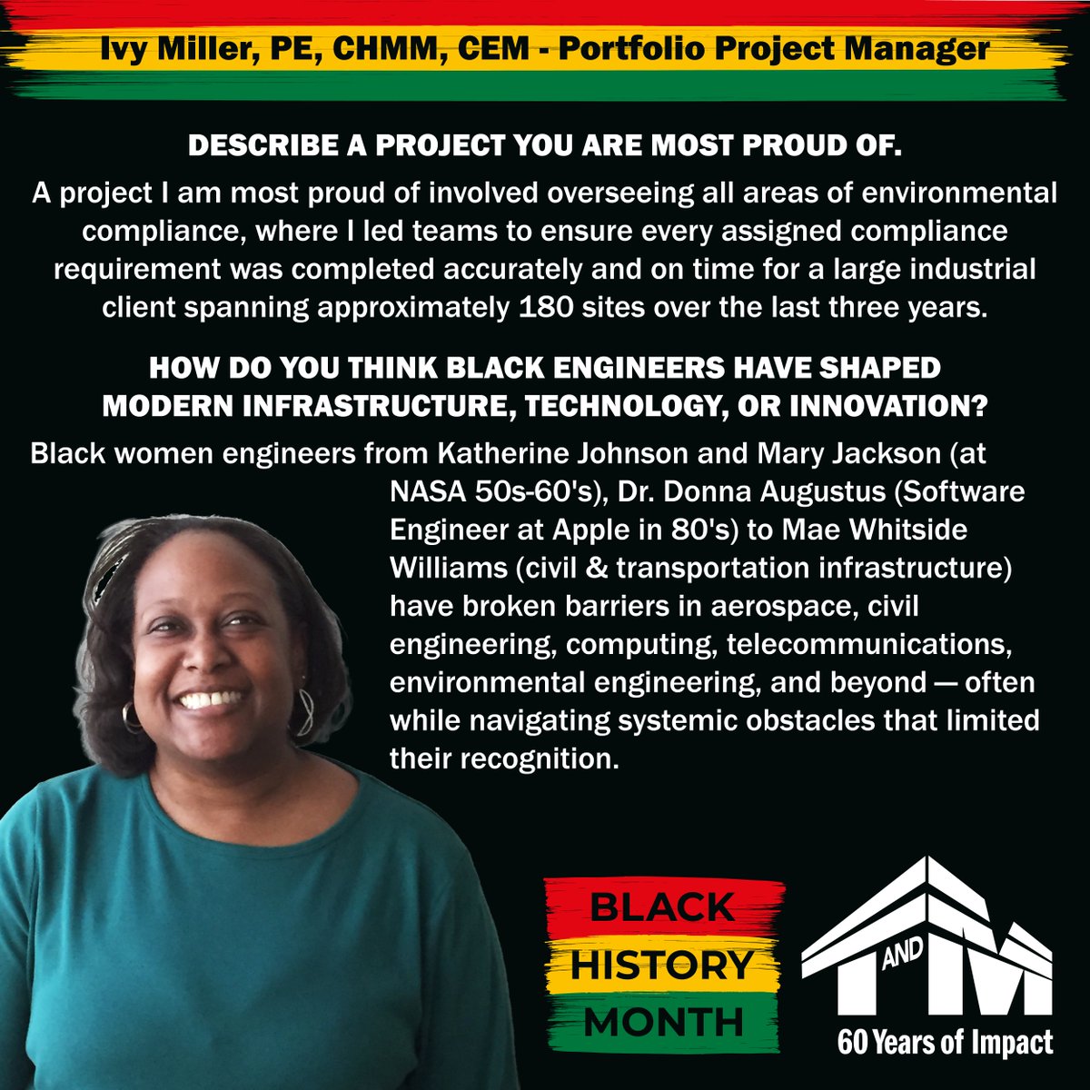 This week, we’re spotlighting Ivy Miller, Portfolio Project Manager in T&amp;M’s Detroit office, for Black History Month. A licensed Professional Engineer in five states with CHMM and CEM certifications, Ivy’s leadership and expertise drive innovation across our projects.