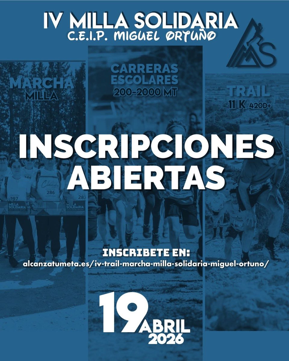 🏃🏻‍♀️💙 IV Milla Solidaria CEIP Miguel Ortuño💙🏃🏻‍♀️
🗓️ 19 de abril
🕘 Desde las 9:30h

Evento a beneficio de AMPY, colaborando así con nuestra asociación.✨

📢 ¡Se abre el plazo de inscripción!
🗓️ Aquí 👇🏼
alcanzatumeta.es/iv-trail-march…

#yosoyampy #IVmillasolidaria #CEIPMiguelOrtuño
