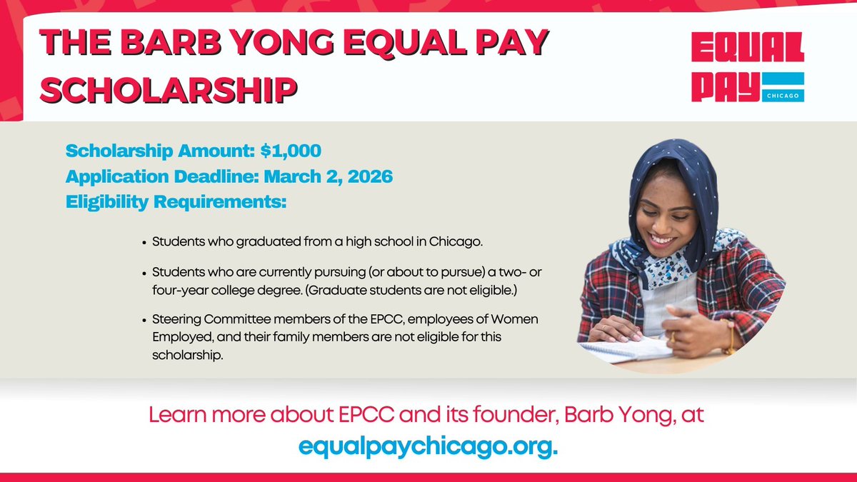 Applications are NOW OPEN for the Barb Yong #EqualPay Scholarship! <a href="/EqualPayDayChi/">Equal Pay Chicago Coalition</a> will award $1,000 to a college student who is passionate about advancing social justice—like gender equity and workers' rights. *Deadline: 3/2/26* Learn more here: ow.ly/Rk4e50UM37u #EPCC