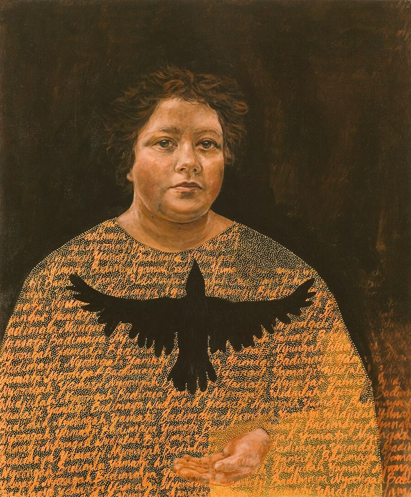 womensart1's tweet photo. "I have walked between two worlds but always lived as a strong Badimaya woman with a deep connection to my traditional country in the Central-West of Western Australia". Self portrait by Indigenous artist Julie Dowling. #SelfPortraitWeek https://t.co/7luWuZ9IyT