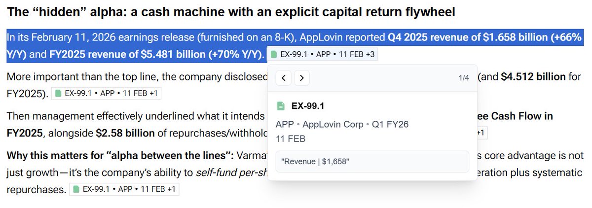 Alphanalyst's tweet image. $APP: Cash king moves, AppLovin’s Q4 2025 Free Cash Flow hit $1.31B, fueling $2.58B in buybacks, driving per-share compounding in a 66% revenue growth year. 

Q1 guide targets an 84% Adjusted EBITDA margin, signaling durable operating leverage and profitability.

Read more in