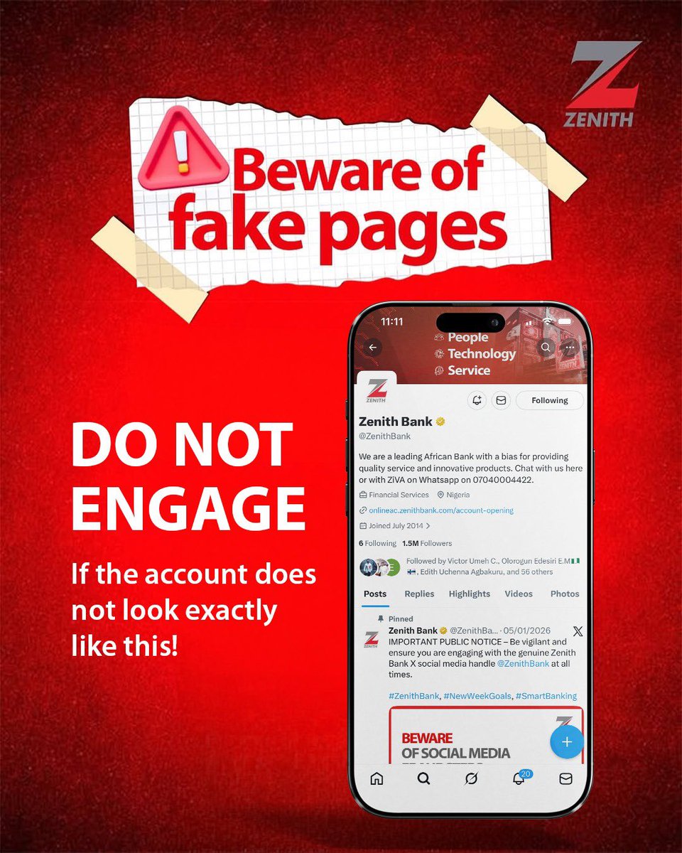 ZenithBank's tweet image. Be vigilant and ensure you are engaging with the genuine Zenith Bank X handle @zenithbank at all times. 
#ZenithBank #Safety #FraudAwareness