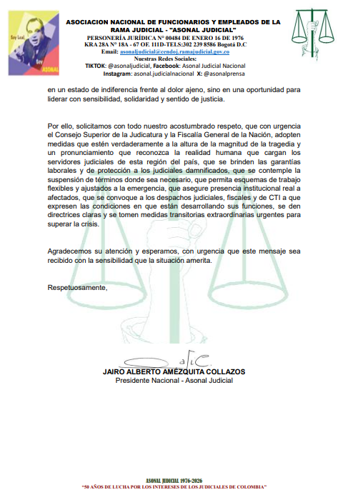 COMUNICADO OFICIAL ASONAL JUDICIAL EN SOLIDARIDAD A NUESTROS COMPAÑEROS EN EL DEPARTAMENTO DE CÓRDOBA AFECTADOS POR INUNDACIONES. 🆘🚨🇨🇴