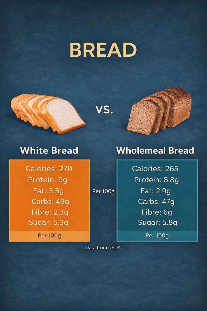 Unayralife's tweet photo. Food Myth #2:
Brown bread is healthy by default.

Reality:
It's often just white bread with color.
Read ingredients, not marketing.