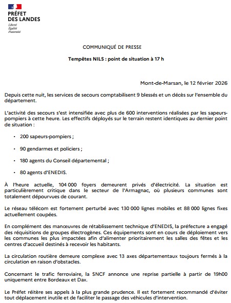Image de Préfet des Landes - #TempêteNils | COMMUNIQUÉ DE PRESSE

Tempêtes NILS : point de situation à 17 h

Depuis cette nuit, l
