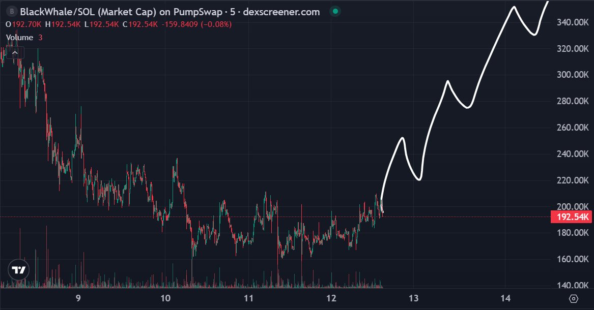 $BlackWhale been quietly accumulating while timelines chased shiny new rugs. 

Multi day bleed, range carved out, higher lows creeping in and now we’re knocking on that 200k ceiling again. That’s compression. And compression leads to expansion.

Volume dried up on the dump,