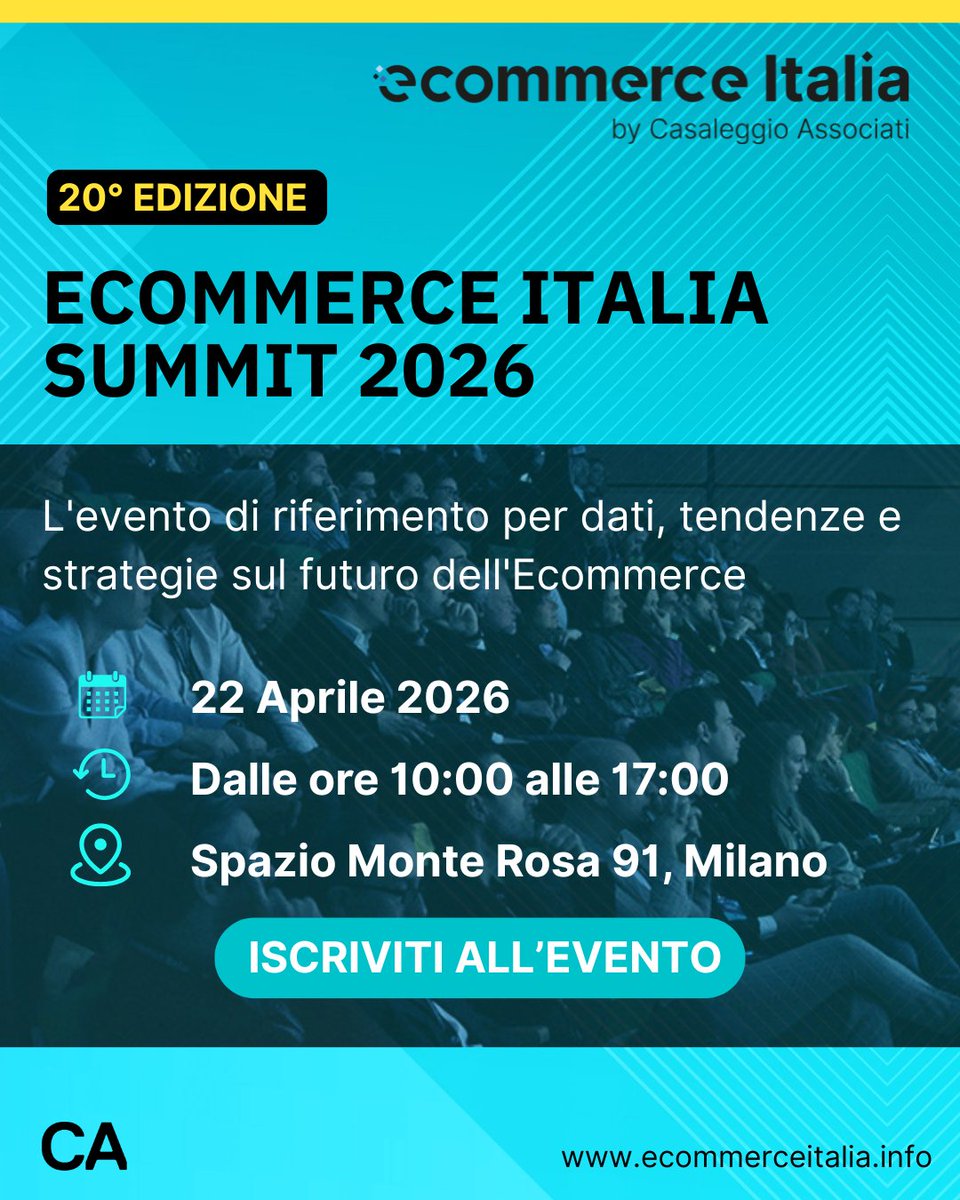 🚀 Sono aperte le iscrizioni alla 20° edizione del convegno "Ecommerce Italia Summit 2026" che si terrà il 22 aprile 2026 a partire dalle ore 10:00 a Milano.

Scopri di più e richiedi l'iscrizione all’evento: ecommerceitalia.info/report/ecommer…

#ecommerce #ecommerceitaliasummit2026