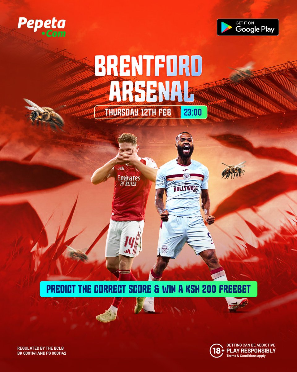 Arsenal waliamua hawashuki from the top of the PL table.🔝
Tonight, the gunners face Brentford. Hii ni game kali.
Utaipepeta aje?🔥
Predict THE CORRECT SCORE for a chance to win a 200BOB FREEBET 

T&amp;C's
1. You MUST share this post
2. Answers posted after kickoff time WILL NOT be