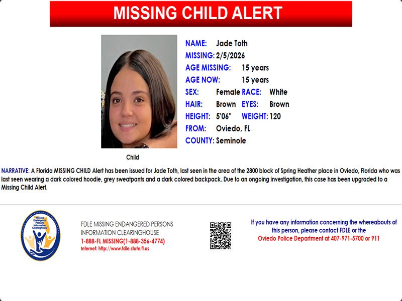 🚨PLEASE SHARE🚨 - A Florida MISSING CHILD Alert has been issued for Jade Toth, a white female, 15 y.o., 5'6" tall, 120 lbs, brown hair &amp; brown eyes, last seen in the area of the 2800 block of Spring Heather place in Oviedo, Florida, who was last seen wearing a dark colored