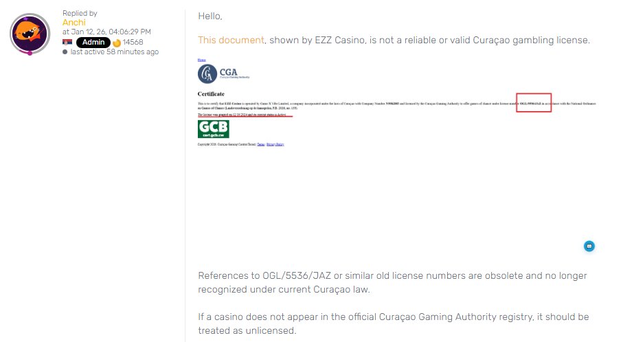 🚨Nuevo casino “weno weno” 🚨
Nuestro buen amigo, el que canceló deals que “le pagaban 500€ limpios diarios”, ahora ha firmado con otro casino nuevo, "Ezz casino". 

Casualmente:
– Usuarios afirmando problemas al retirar.
– Licencia de Curaçao que supuestamente NO aparece en el