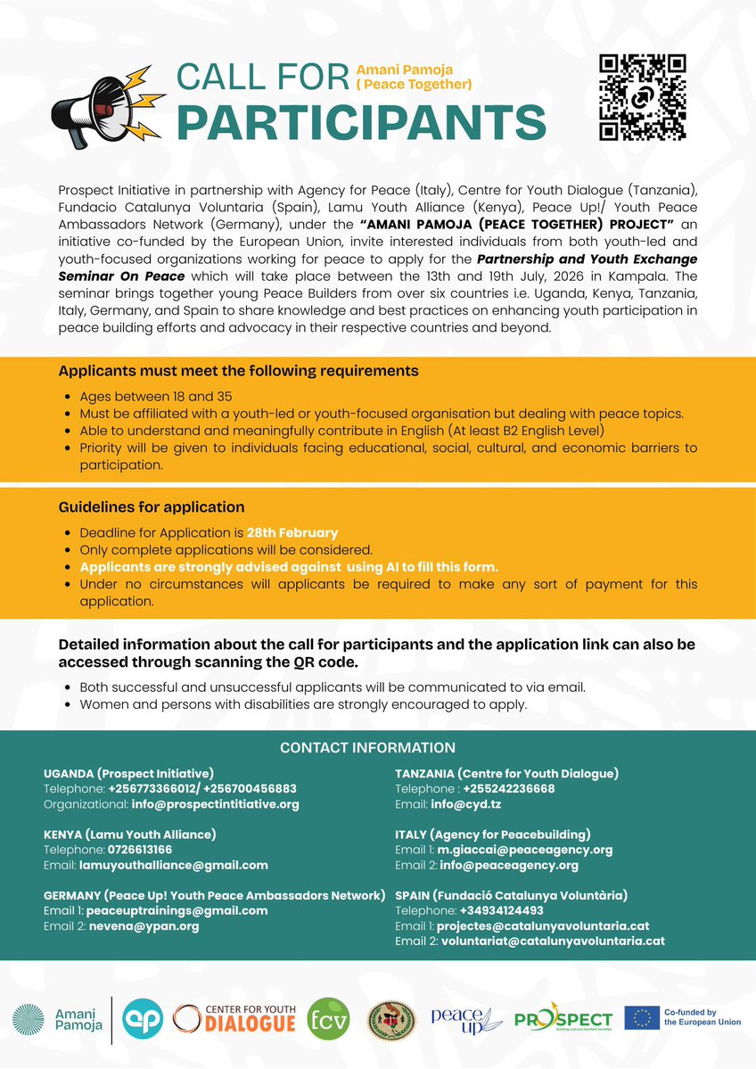 prospectini's tweet image. Are you a young person affiliated with a youth-led or youth-focused organization dealing in peace building, advocacy and dialogue?

Prospect, together with all official partners of the Amani Pamoja (Peace Together) Project co-funded by the @EU_Commission, are excited to announce