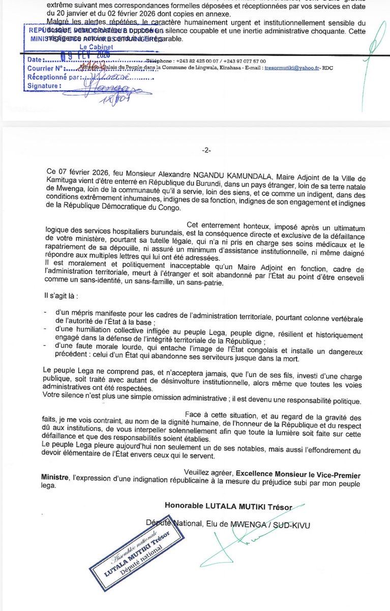SimaroNgongoMba's tweet image. TSHISEKEDI ENTERRE INDIGNEMENT LE MAIRE ADJOINT DE LA VILLE DE KAMITUGA, ALEXANDRE NGANDU KAMUNDALA, AU BURUNDI. DANS UNE LETTRE D’INDIGNATION, LES NOTABLES DE KAMITUGA ET LE PEUPLE LEGA S’INSURGENT CONTRE CETTE HUMILIATION INACCEPTABLE. C’EST AVEC UNE INDIGNATION PROFONDE, UNE…