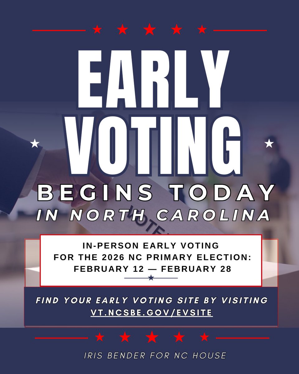 irisbenderfornc's tweet photo. #NCEarlyVoting opens today and runs through Feb. 28!
#EarlyVoting is simple and convenient.
📍Find your early voting location at https://t.co/ZP7Pthao28
🗳️Cast your ballot and make YOUR voice heard.
#VoteNC
#NCPrimary
#VoteEarlyNC
#MakeAPlanToVote
#IrisBenderForNC https://t.co/4XK001cQlq