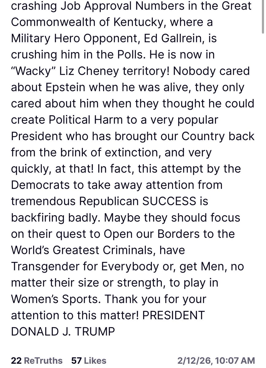 🚨JUST POSTED🚨

For the Donald Trump praises AG Pam Bondi for her testimony yesterday in front of the House Judiciary Committee. 

Refers to Epstein files as, “never ending saga.”

FULL STATEMENT:

“AG Pam Bondi, under intense fire from the Trump Deranged Radical Left Lunatics,