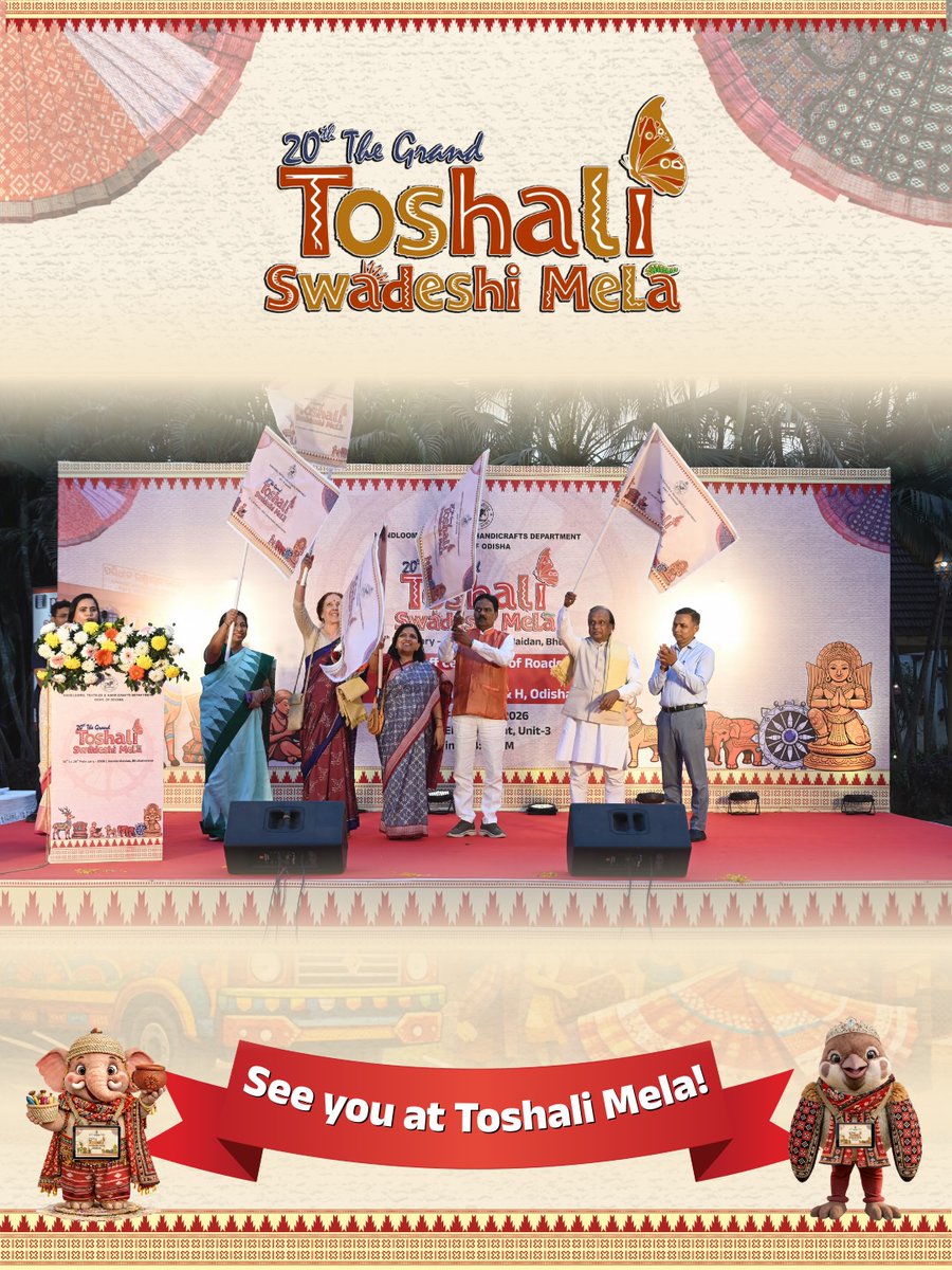 HTH_Odisha's tweet photo. A grand beginning to a historic edition. The roadshow announcing the 20th Grand Toshali Swadeshi Mela 2026 was formally flagged off at Ekamra Haat, Bhubaneswar, in the gracious presence of Hon’ble Minister Shri Pradeep Bal Samanta, Handlooms, Textiles &amp; Handicrafts Dept. https://t.co/YyYi2NNhVU