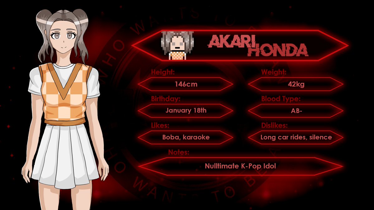 WWTBAU_Fangan's tweet image. We're happy to reintroduce you to Akari Honda, the Nulltimate K-Pop Idol.        

Tune in to “Who Wants to Be an Ultimate?” to see if Akari Honda has what it takes to become an Ultimate!

#fanganronpa #fangan