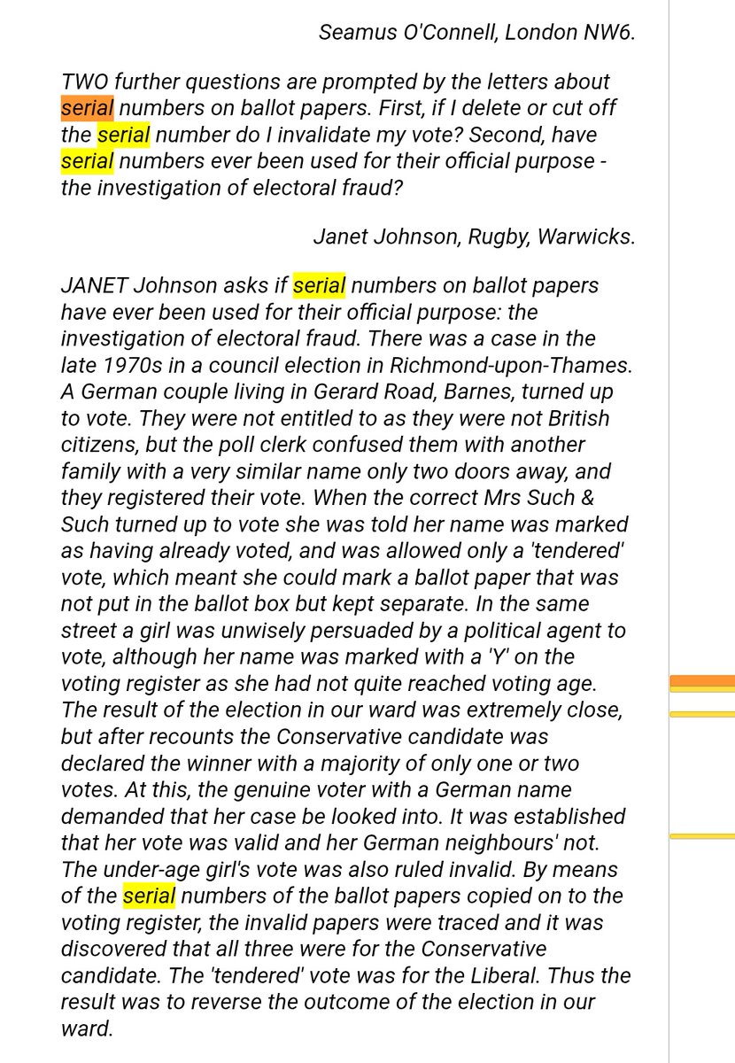 บัตรเลือกตั้งอังกฤษก็มี serial number เอาไว้ใช้ trace ย้อนกลับไปหาตัวคนได้จริง แต่ใช้เฉพาะเวลามีปัญหา

มีบางแหล่งบอกว่าต้นขั้วและตัวบัตรจะถูกเก็บแยกกัน และจะนำมา trace กลับเฉพาะเมื่อมีหมายศาล

ref:
quora.com/In-the-UK-elec…
theguardian.com/notesandquerie…
theguardian.com/notesandquerie…