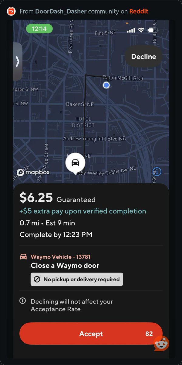 adamcurtisbroll's tweet photo. A DoorDash driver in Atlanta receives a gig offer paying $6.25 base plus a $5 bonus to close the door of a stranded Waymo autonomous vehicle, February 2026. https://t.co/K7Urjr4tDS