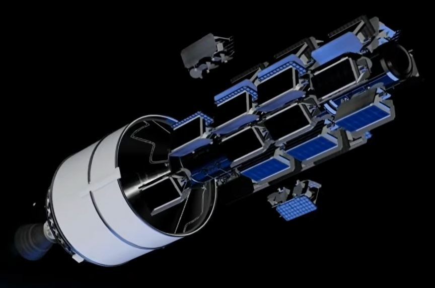 That's a surprisingly detailed render of the Amazon Leo payload stack for LE-01. Like Atlas V, there are 3 dispenser rings with 9 satellites each. But there then is a smaller dispenser ring on top capable of carrying 6 satellites, which in this case carries 5 satellites.