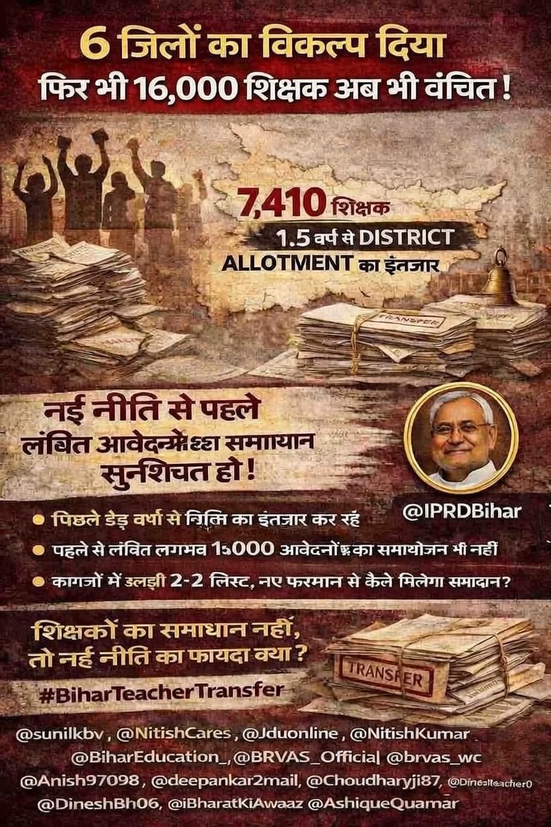 psthakur96's tweet photo. बिहार के शिक्षक इन दिनों एक अभूतपूर्व स्थिति का सामना कर रहे हैं। विगत डेढ़ वर्ष में वे 4–5 बार स्थानांतरण हेतु आवेदन दे चुके हैं, किंतु आज तक प्रक्रिया पूर्ण नहीं हो सकी है। इस लगातार विलंब ने शिक्षकों को मानसिक तनाव और प्रशासनिक अस्थिरता की स्थिति में ला खड़ा किया है।
स्थिति की गंभीरता इस तथ्य से स्पष्ट होती है कि 6 जिलों के विकल्प देने के बावजूद 7410 शिक्षकों को एक भी जिले में स्थान आवंटित नहीं हो पाया है। इतना ही नहीं, उनके स्थानांतरण को लेकर अब भी अनिश्चितता बनी हुई है।
#BiharTeachersTransfer
@BRVAS_Official @brvas_wc @Anish97098 @psthakur96