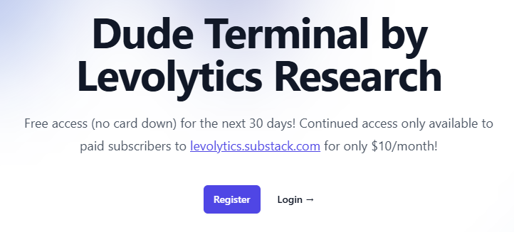 Just launched Dude Terminal by <a href="/levolytics/">Levolytics Research</a> 

Been a long time in the making so im really excited about this

Have a lot of plans moving forward, but for now just cranking on the "data layer" part of the stack

Currently has:
- Crypto
- Equities
- Macro
- Health