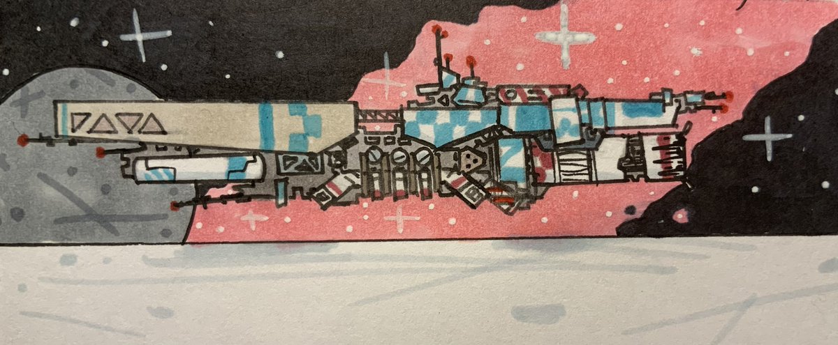 A survey ship hanging in orbit preforming an orbital above a distant Ice world.