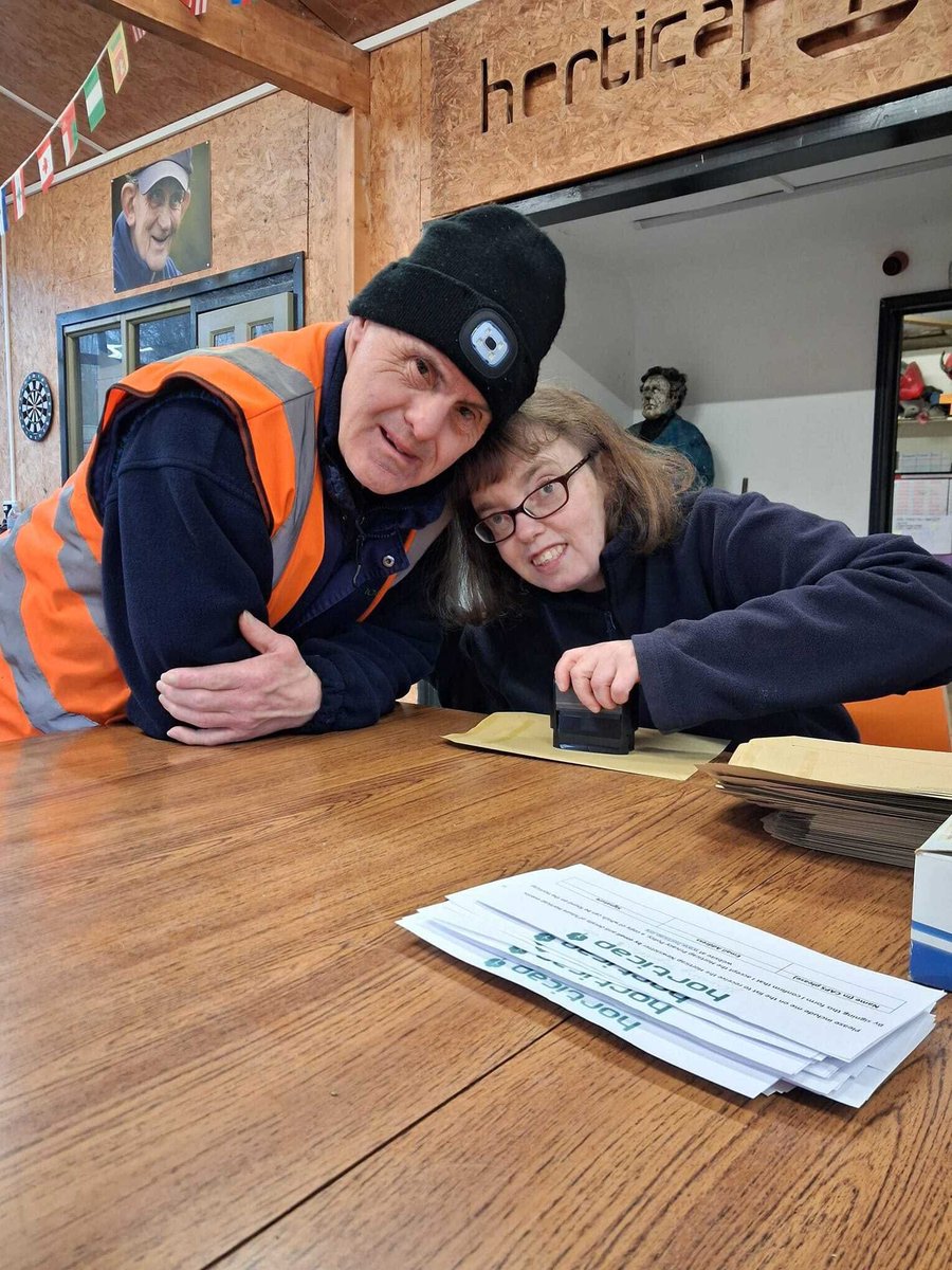 Horticap's tweet image. It's Michael's and Vicky's turn to get the envelopes ready for our next newsletter being posted out. Look out for them through your letter box, in your inbox, on our website, and in the shop. horticap.org #Harrogate #ukcharity #learningdisabilities #horticulture