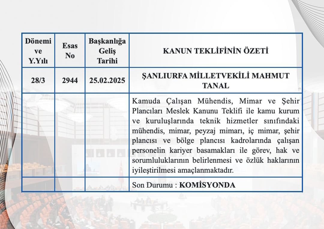 <a href="/TBMMresmi/">TBMM</a>
#MühendislikMeslekKanunu
Teklif edilen kanunlar komisyonda kaldığı sürece Kamu Mühendis Mimar ve Şehir Plancıları yok sayılıyor.