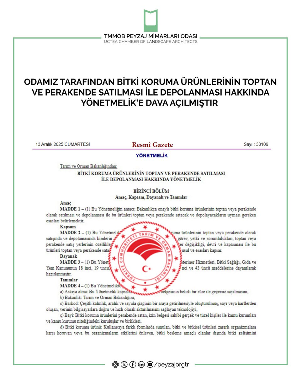 ODAMIZ TARAFINDAN BİTKİ KORUMA ÜRÜNLERİNİN TOPTAN VE PERAKENDE SATILMASI İLE DEPOLANMASI HAKKINDA YÖNETMELİK’E DAVA AÇILMIŞTIR

TMMOB Peyzaj Mimarları Odası
16. Dönem Yönetim Kurulu

peyzajmimoda.org.tr/icerik/2026021…