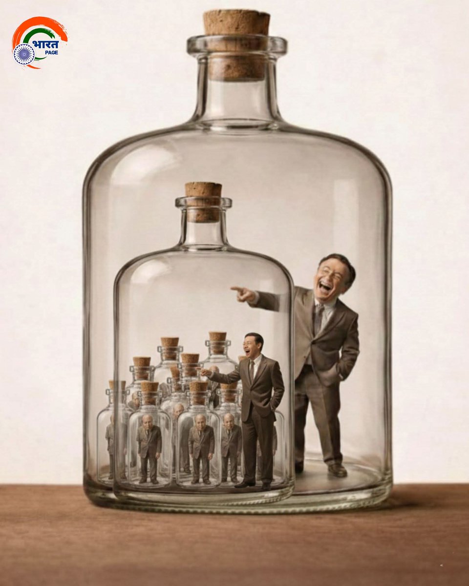 मज़ाक उड़ाने वाला आदमी (मझली बोतल वाला) यह सोचकर खुश हो रहा है कि वह उन छोटे बोतल वालों से बेहतर है, लेकिन वह यह देख ही नहीं पा रहा कि वह खुद भी एक बड़ी बोतल (पिंजरे) के अंदर कैद है।