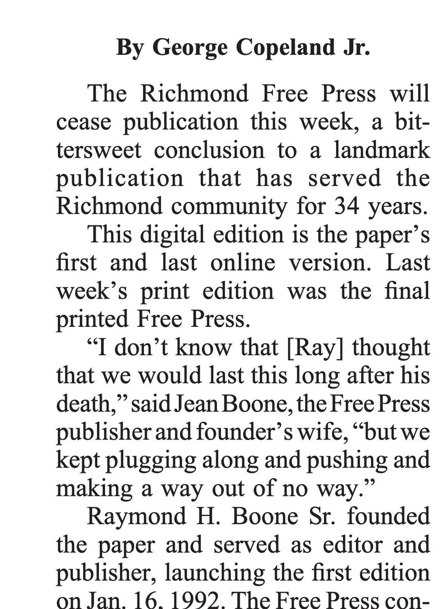 The Richmond Free Press is ceasing publication, according  to its latest edition. richmondfreepress.com