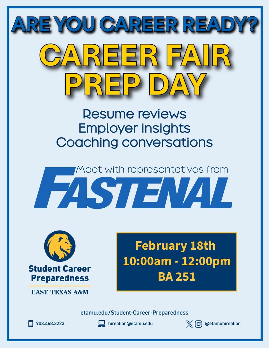 Get career-ready with us!
Join Student Career Preparedness for Career Fair Prep Day on February 18th, featuring resume reviews, employer insights, and coaching conversations with representatives from Fastenal.
📍 BA 251 | 10:00am–12:00pm
