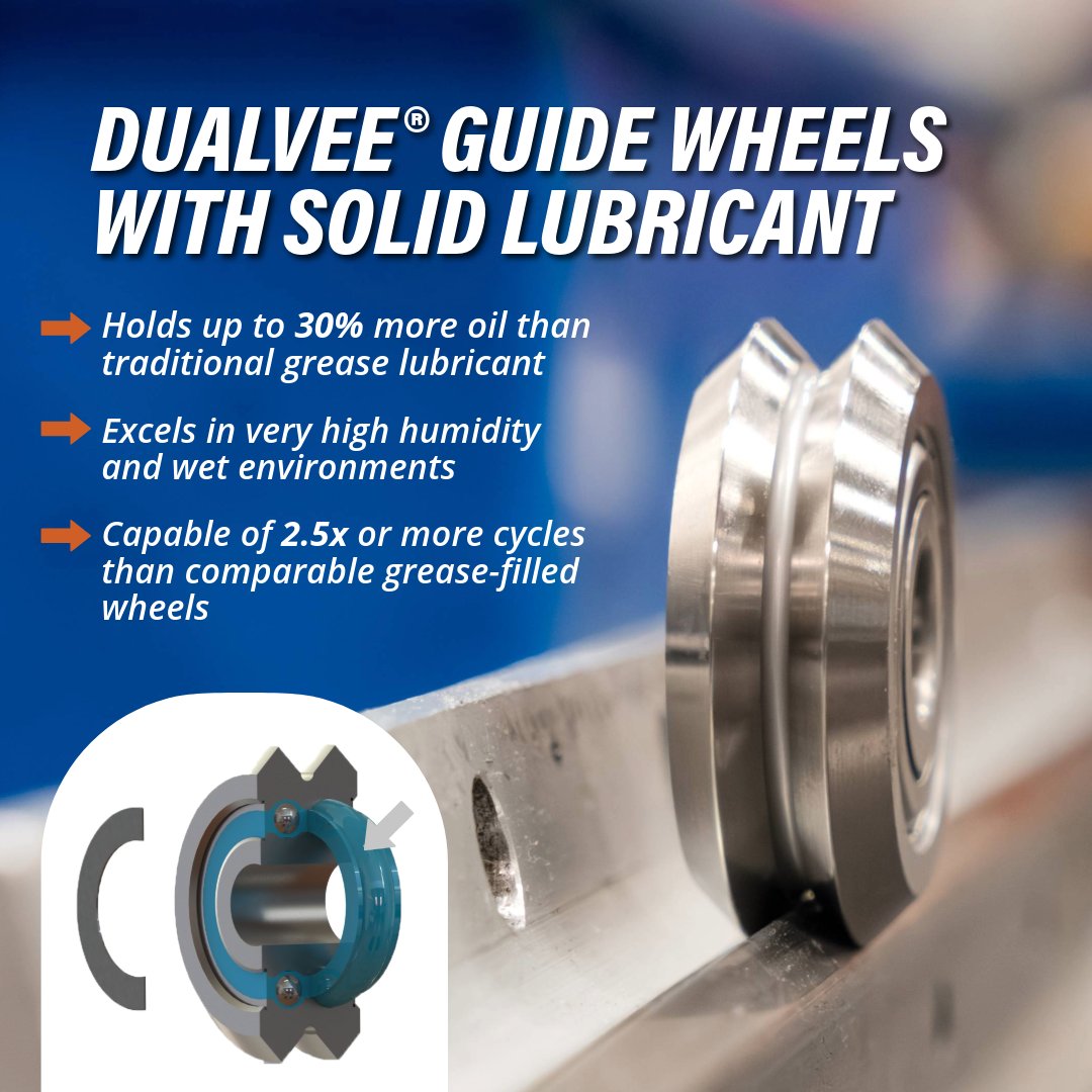 BWCnews's tweet photo. In environments where high-pressure cleaning is common, traditional grease can be pushed out over time. DualVee® Solid Lubricant guide wheels use an oil-impregnated polymer matrix that helps retain lubrication under demanding conditions. 👉 Learn more: https://t.co/DuddTM4axf https://t.co/ikcb4IuqBN