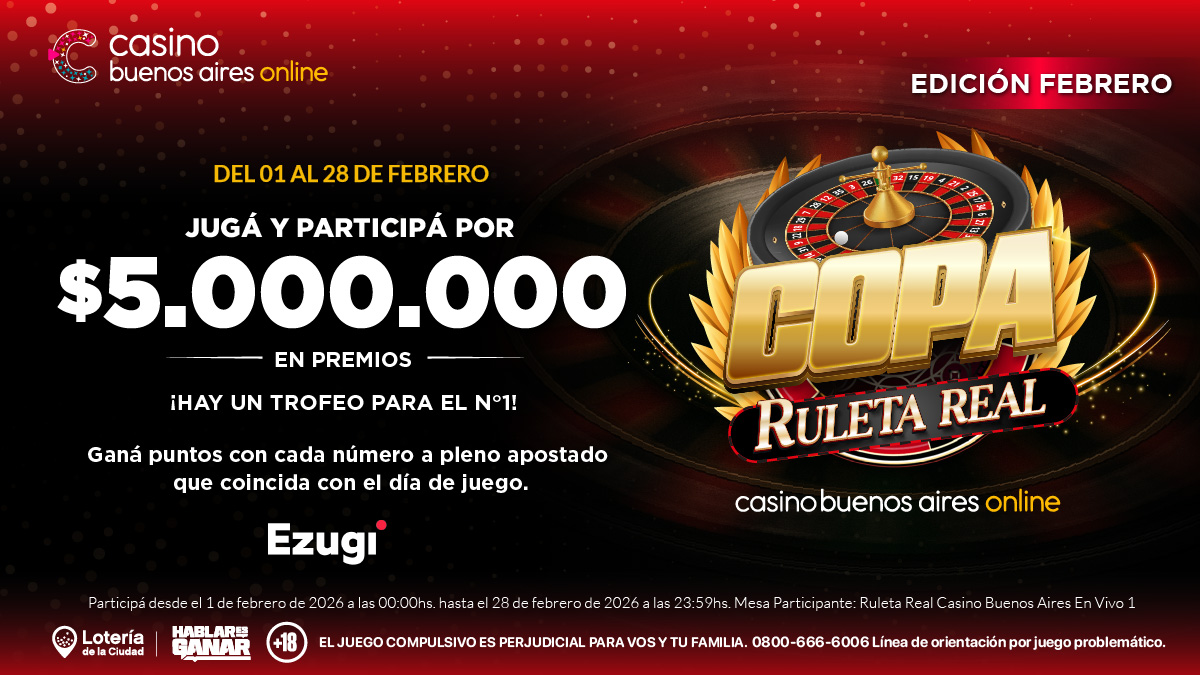 🏆 COPA RULETA REAL – EDICIÓN FEBRERO
Jugá del 1 al 28 de febrero y participá por $5.000.000 en premios.
Sumá puntos en cada pleno ganador y competí por el trofeo del N°1.
¿Te animás a girar en lo más alto? 🎯