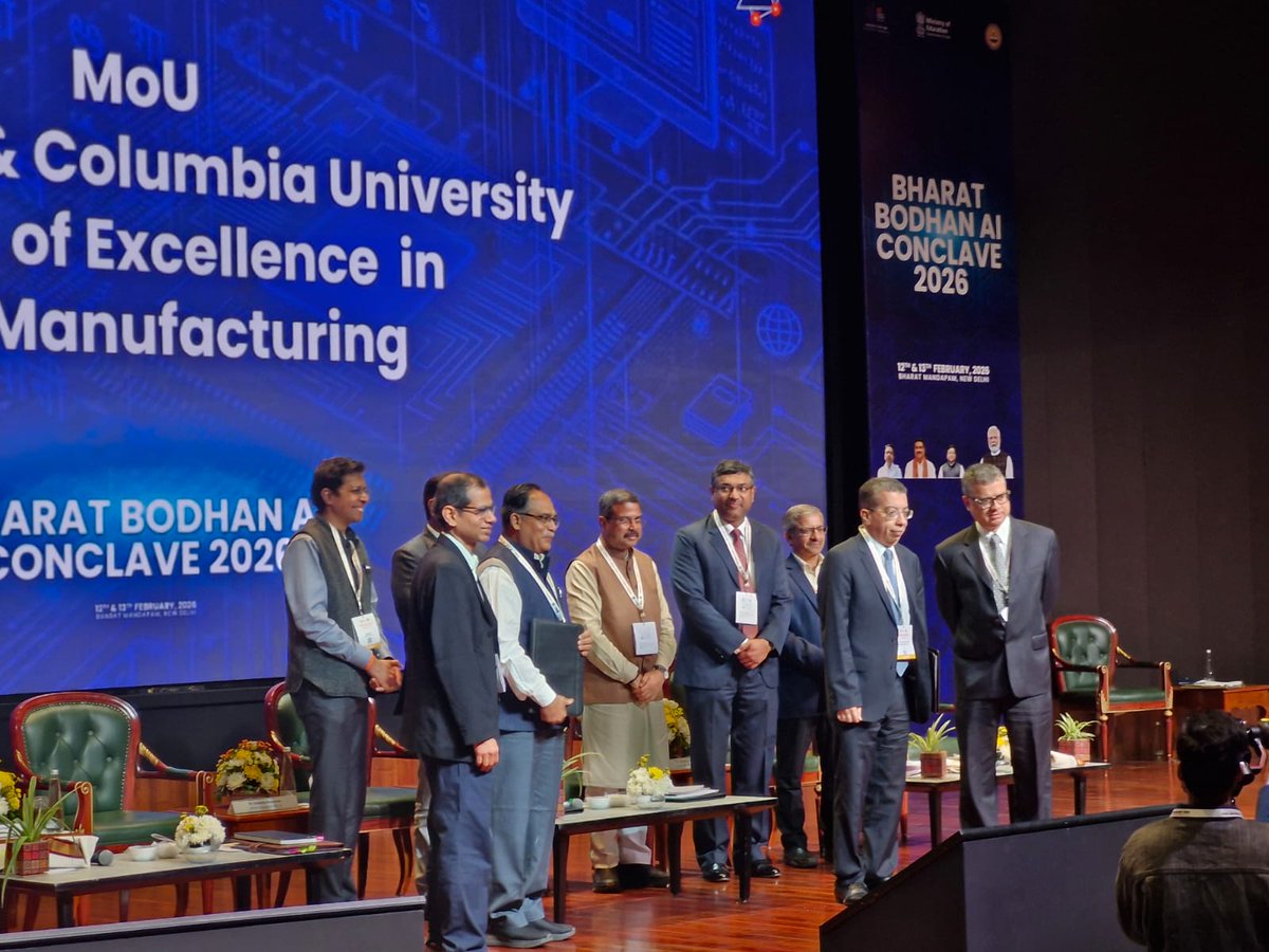 EduMinOfIndia's tweet photo. Today, at the inaugural function of the Bharat Bodhan AI Conclave 2026, organised by the Ministry of Education at Bharat Mandapam, New Delhi, @iitbombay and @Columbia University signed and exchanged an MoU in the presence of Hon’ble Minister of Education Shri @dpradhanbjp to establish the Columbia–IIT Bombay Center of AI for Manufacturing.

The Center will serve as a joint research and translation hub to develop robust, scalable, and human-centric AI systems for real-world manufacturing, strengthening India’s innovation ecosystem and industry-academia collaboration. Several industry partners are also in the process of joining the initiative.

With this, the Ministry of Education continues to expand its commitment to advancing AI, marking another significant step among the four AI Centres initiated so far to drive cutting-edge research and real-world impact.

The establishment of this joint research and translation centre focusing on development of robust, scalable, and human-centric AI systems for real-world manufacturing was facilitated with the support of the Embassy of India, Washington DC and Consulate General of India, New York.

#AIforManufacturing #BodhanAIConclave #AIinEducation #NEP2020 #AtmanirbharBharat #ViksitBharat