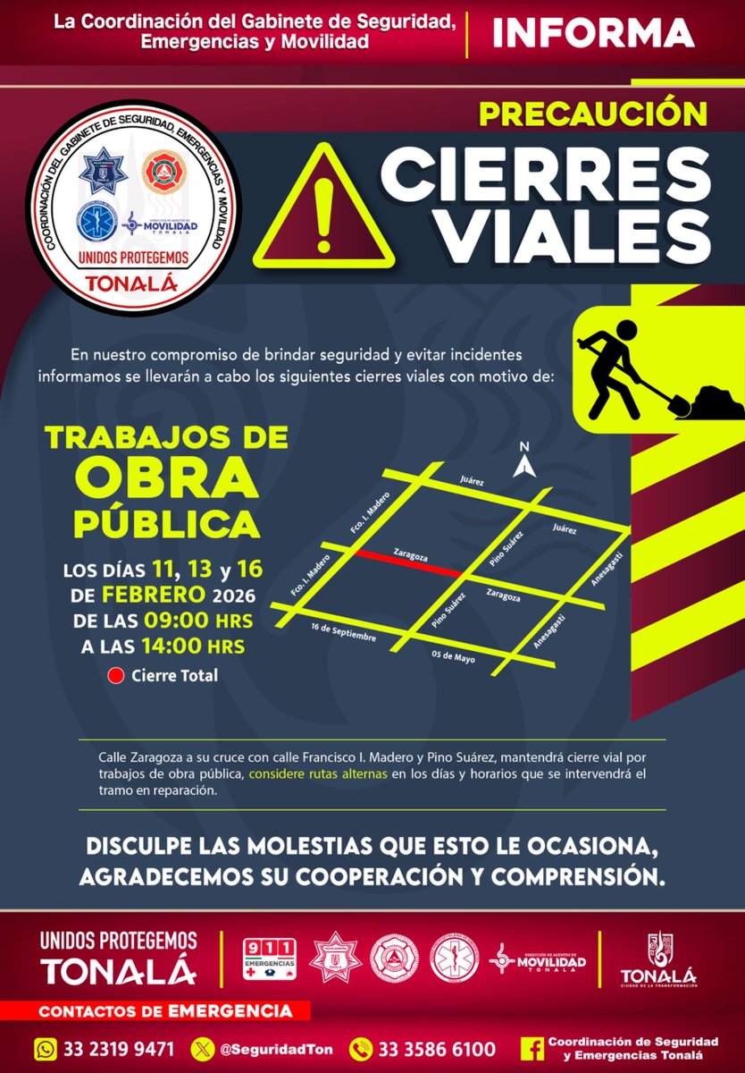 🚧Cierres Viales🚧
#Entérate
#TómaloEnCuenta
#UnidosProtegemosTonalá

<a href="/tonaladehoy/">Tonalá de Hoy</a> 
<a href="/Trafico_ZMG/">TráficoZMGuadalajara</a>
<a href="/AmgNoticias/">Amg Noticias</a>
