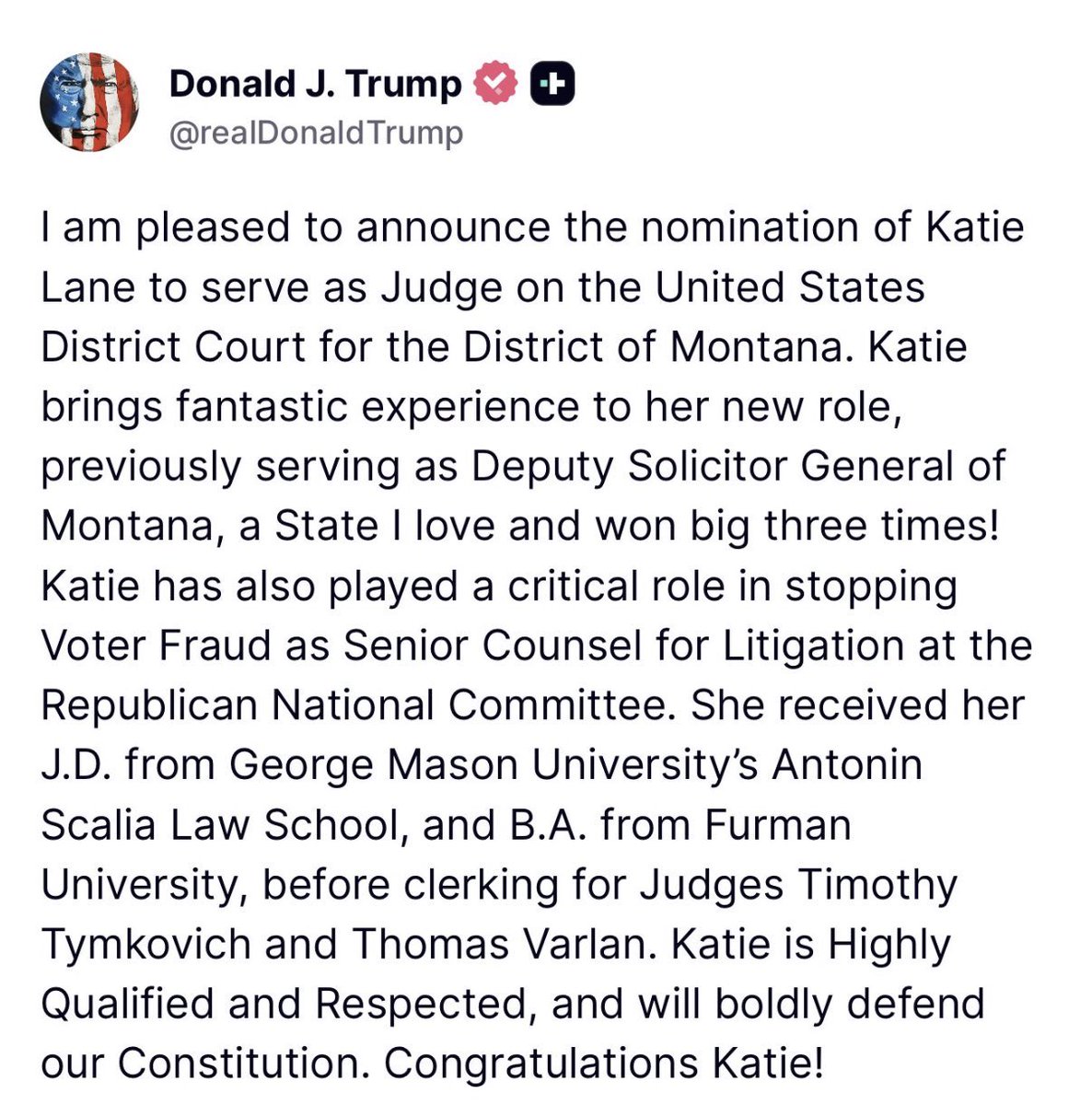 MTJakeEaton's tweet image. Big win for Montana! @POTUS has nominated @MTAGKnudsen alum Katie Lane as our next federal judge. #mtpol