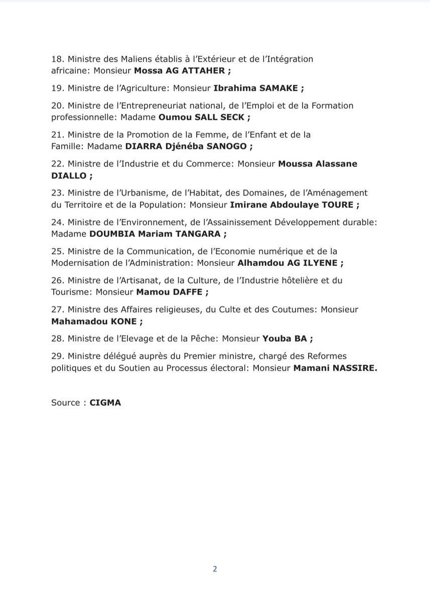 #CIGMA #INFO | Liste des membres du Gouvernement du Mali

Bamako, le 12 février 2026

Plus d’infos sur gouvernement.ml 

#CIGMA