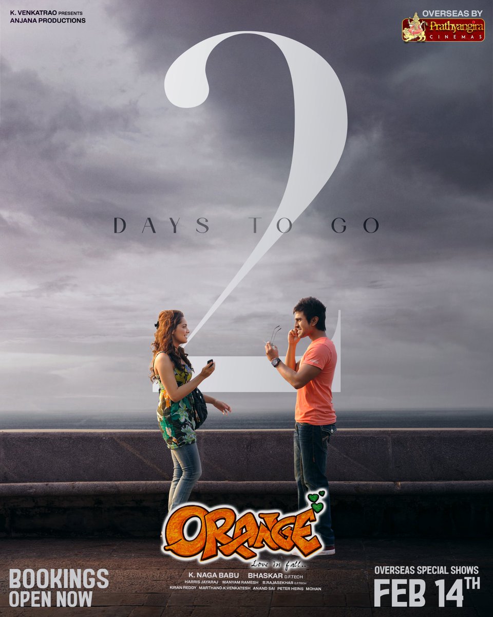 A love story remembered for not playing safe 😎

Just  2 Days to go ❤️

One Day. Limited Shows. Grab your Tickets ASAP💥

#Orange4K Overseas Special Shows on Feb 14th by <a href="/PrathyangiraUS/">Prathyangira Cinemas</a> 🤗

<a href="/AlwaysRamCharan/">Ram Charan</a> <a href="/baskifilmz/">Bommarillu Baskar</a> <a href="/geneliad/">Genelia Deshmukh</a> <a href="/Jharrisjayaraj/">Harris Jayaraj</a> <a href="/Anjana_Prod/">Anjana Productions</a> <a href="/OrangeMovie4K/">Orange 4K</a>