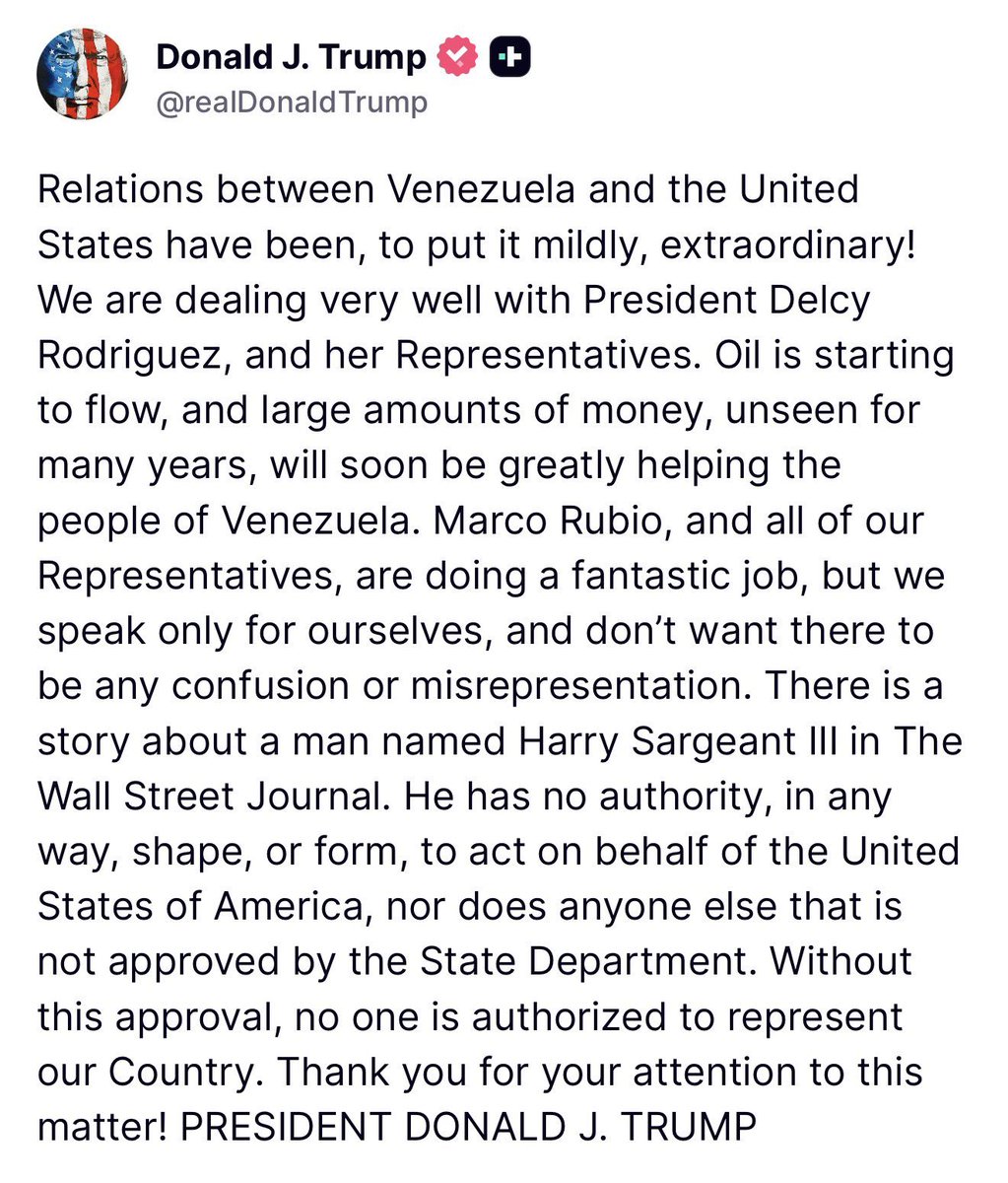 🚨 President Trump just issued a CLEAR WARNING on Venezuela dealings! 

Oil is starting to flow, massive money headed to help the Venezuelan people, and we’re working WELL with President Delcy Rodríguez.

Marco Rubio &amp; team killing it, but Trump makes it crystal clear:  ONLY