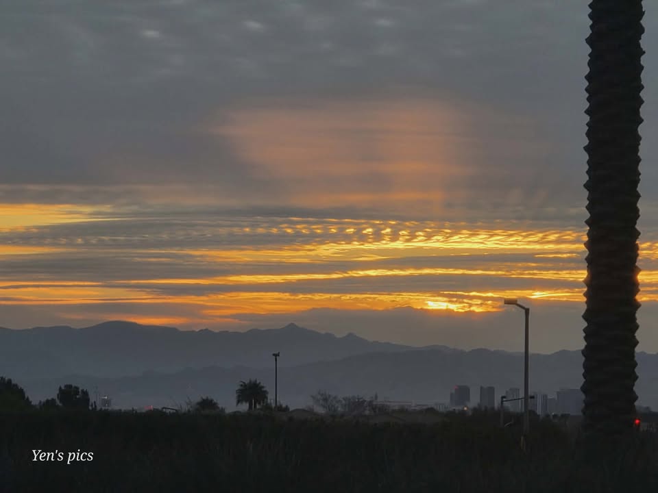 Very cool sunrise this morning!  We did get the splash of Las Vegas color, but added some" cloud streets" to the party.  Wind patterns, along with colder air aloft as the warmer, (somewhat) moist air rises, creates these "aisles."  Ricky Kendall, Tabitha Kast, Yen Bawden and