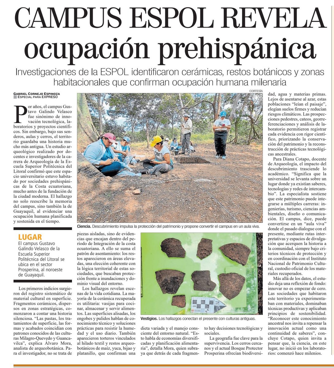 espol's tweet image. #ESPOLenLasNoticias

Investigaciones arqueológicas revelan que el campus Gustavo Galindo Velasco, de la #ESPOL fue habitado por culturas prehispánicas como Milagro-Quevedo y Guancavilca. Lee el reportaje de diario Expreso.