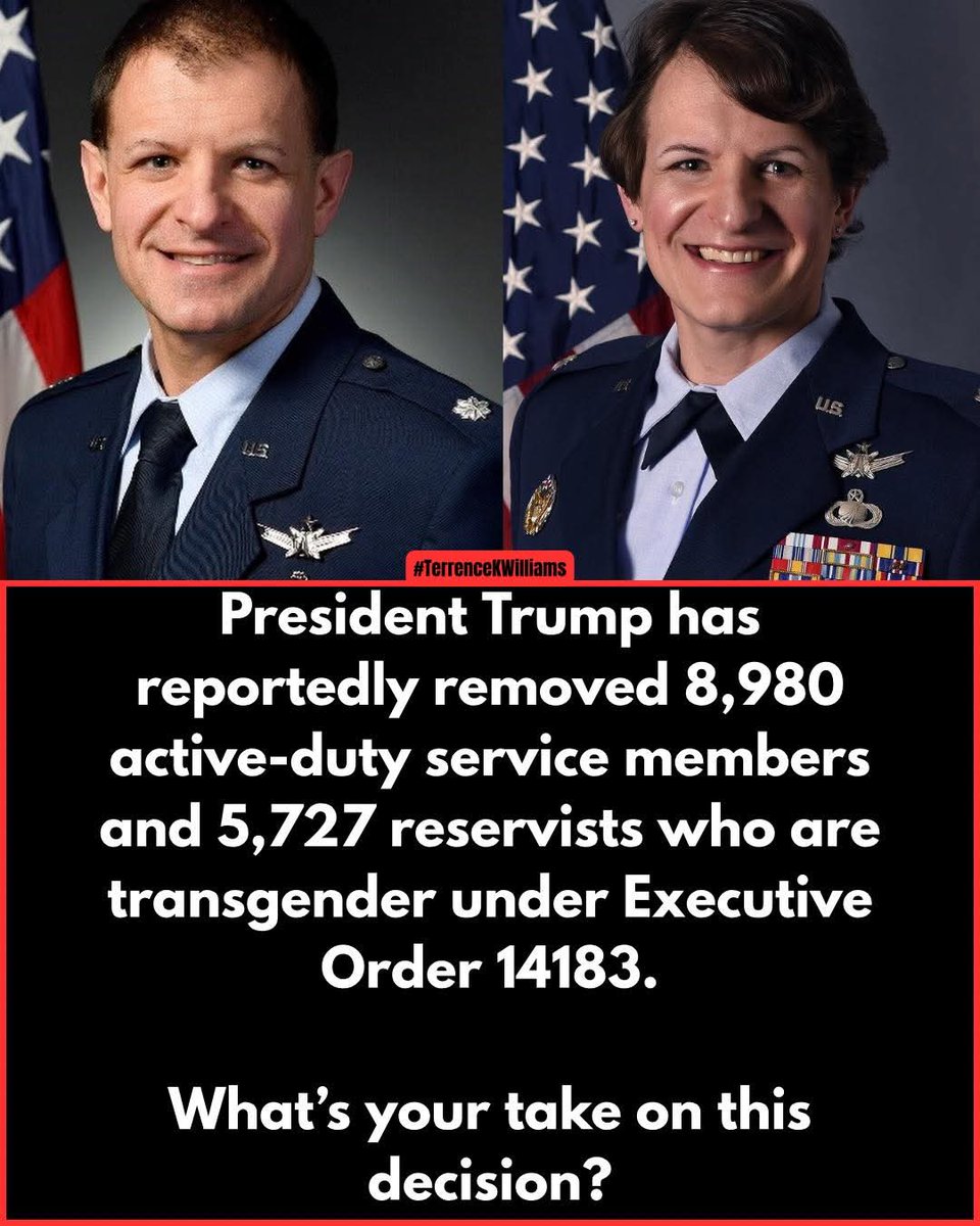 Sassafrass_84's tweet photo. Under Executive Order 14183, thousands of active-duty troops and reservists were removed from service.

Support it or oppose it — where do you stand? 

I support it. You can't serve our country while being medicated on drugs that mess with your hormones. https://t.co/uwRU1R6uZS