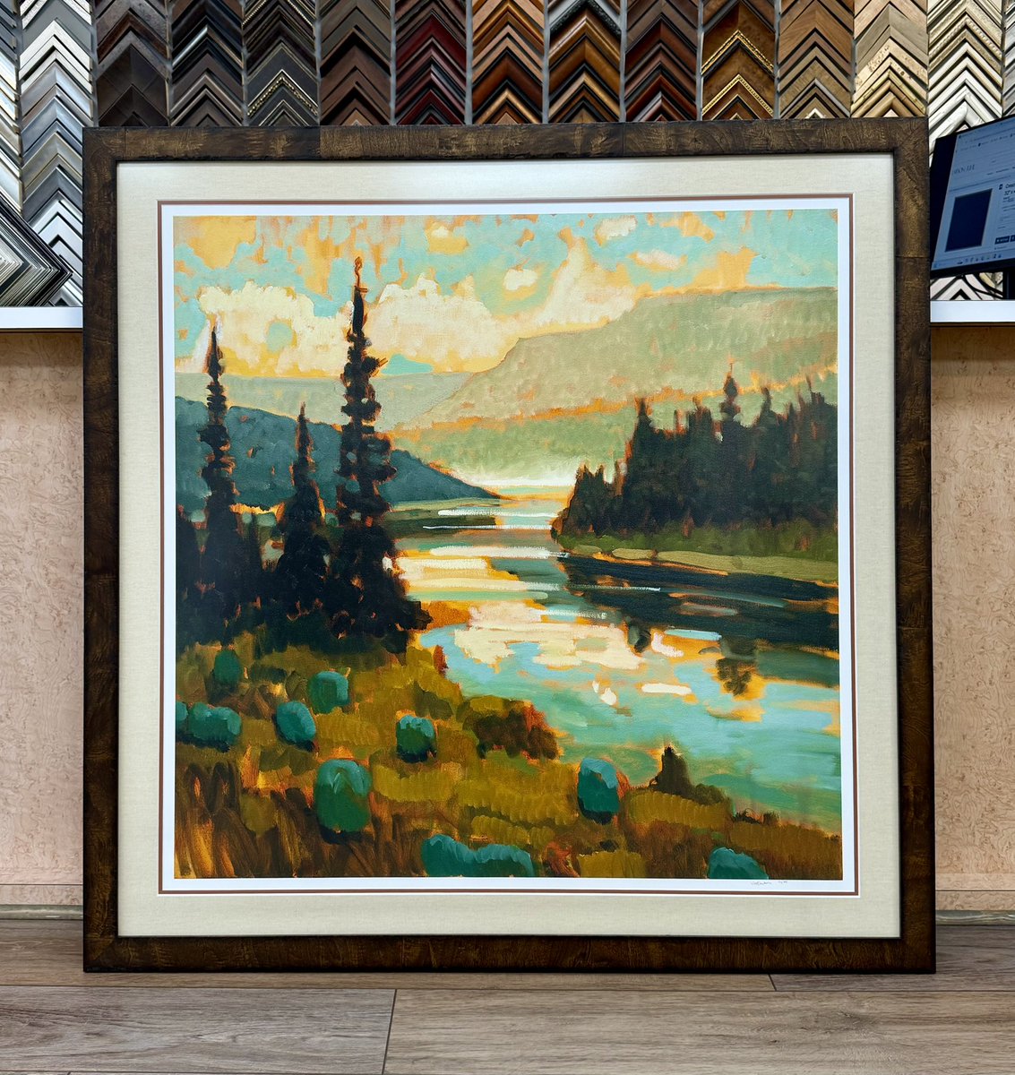 FrameArtShop's tweet photo. We had the pleasure of framing two stunning large-scale prints by western artist Jeff Weir for Rachel Powell. To complement the rich landscapes we selected a beautiful linen mat for an earthy western feel, accented with a pop of rust, and finished them in a walnut veneer frame. https://t.co/o4k5JFB3f2