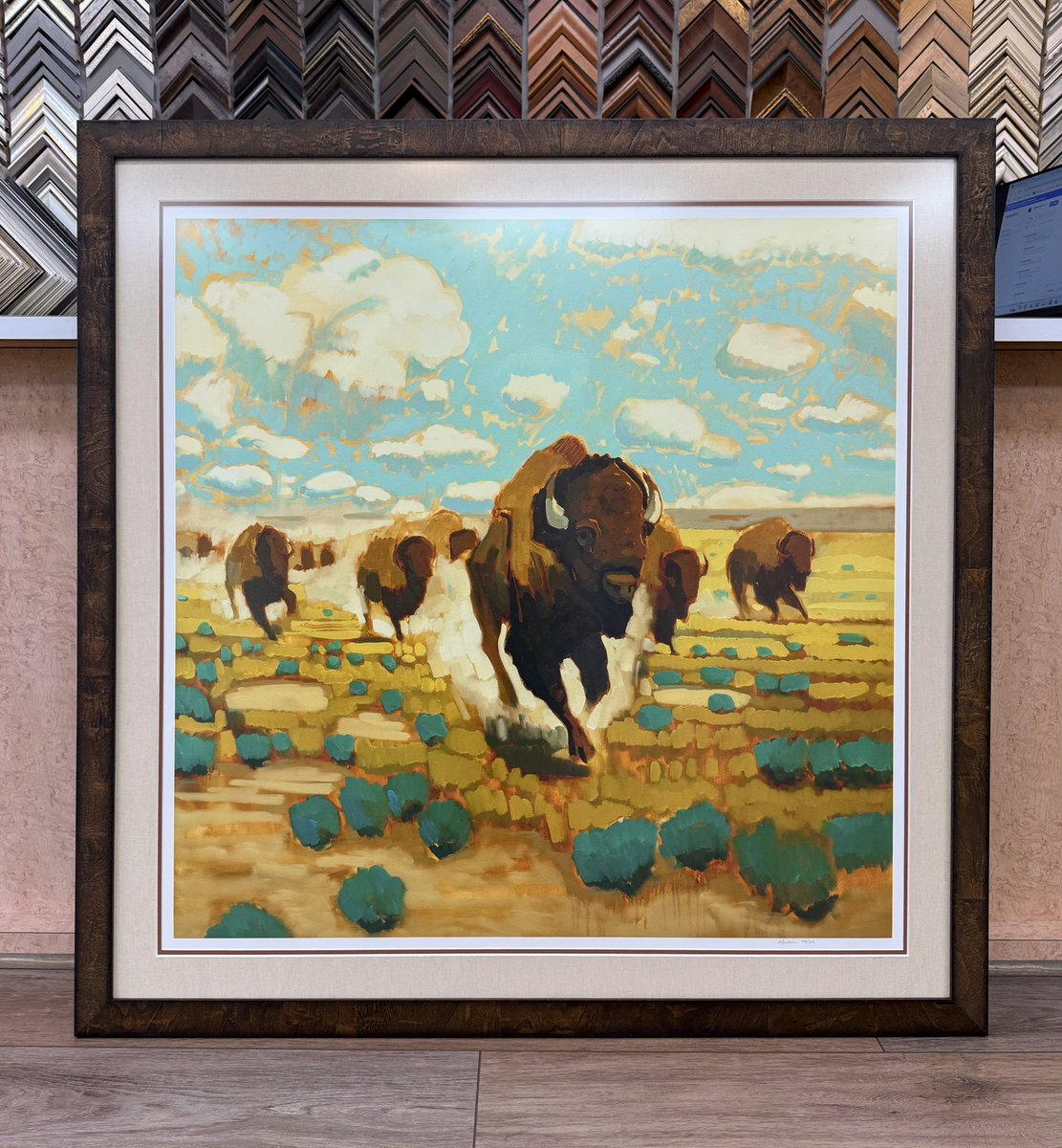 FrameArtShop's tweet photo. We had the pleasure of framing two stunning large-scale prints by western artist Jeff Weir for Rachel Powell. To complement the rich landscapes we selected a beautiful linen mat for an earthy western feel, accented with a pop of rust, and finished them in a walnut veneer frame. https://t.co/o4k5JFB3f2