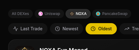 Noxa_Fi's tweet photo. new UI update for NOXA Fun!

you can now filter tokens based on the DEX where they were launched https://t.co/hFZL5pkUh7