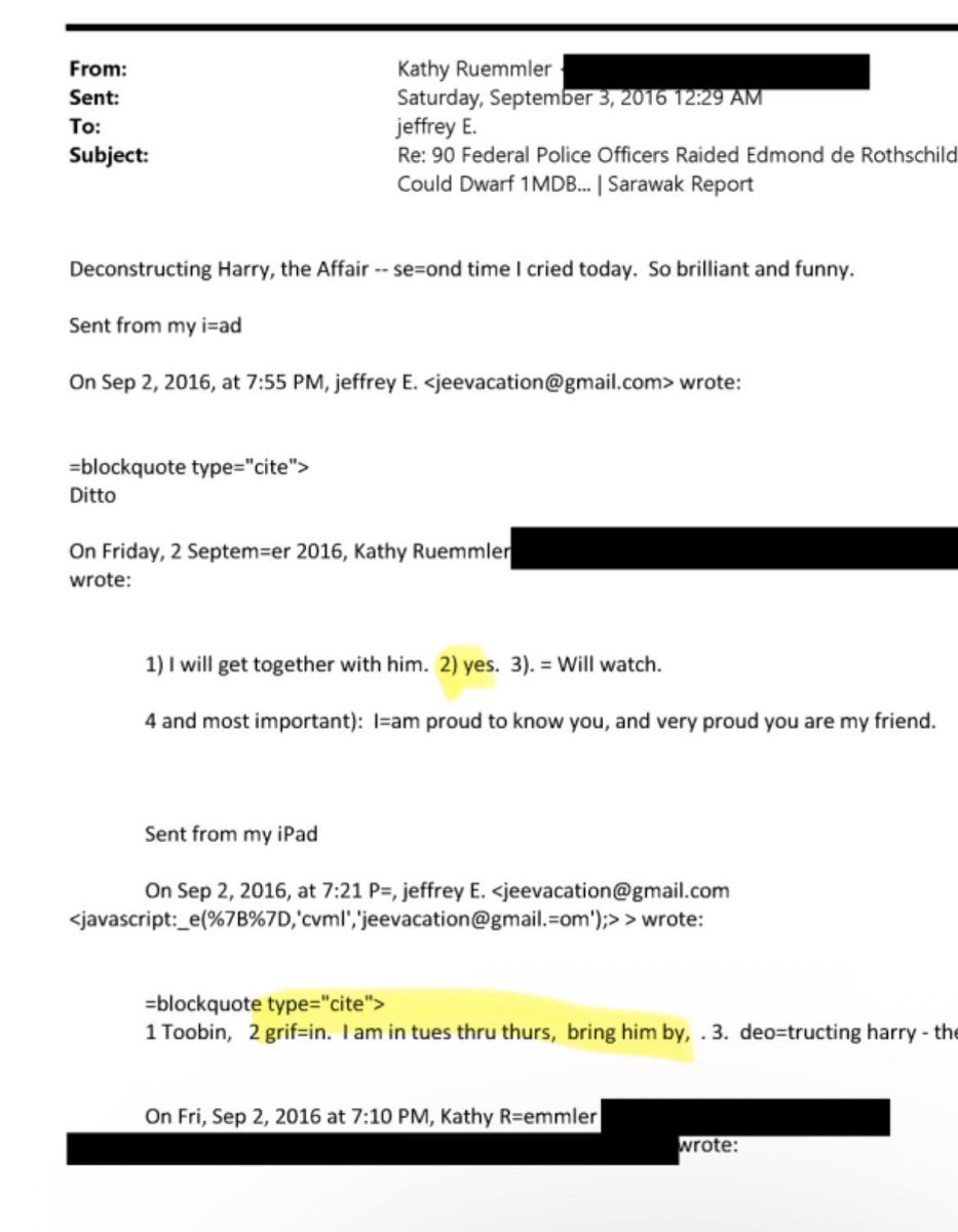 BossBlunts1's tweet photo. 🚨 Jeffrey Epstein allegedly set up an in-person meeting with Ken Griffin during discussion about financial fraud.

Kathy Ruemmler, former FINRA board member, emails Epstein an article about the Rothschild Bank being raided.

Epstein responded: “2 Griffin, I’m in Tues-Thus, bring him by.” Sept 2016

Ruemmler responded re 2. “Yes”

Ken Griffin was mentioned 36 times in the Epstein files. 

Naked shorting was mentioned in epstein files 119 times.

Citadel securities was mentioned in epstein files 411 times.

H/T @merica1st17 and others for the screenshots/findings

Repost and comment your thoughts -

Is this the same Ken Griffin that Epstein was previously discussing with Tom Pritzker regarding hiring Kathy Ruemmler in June 2016?

June thru Sept 2016 epstein emails: