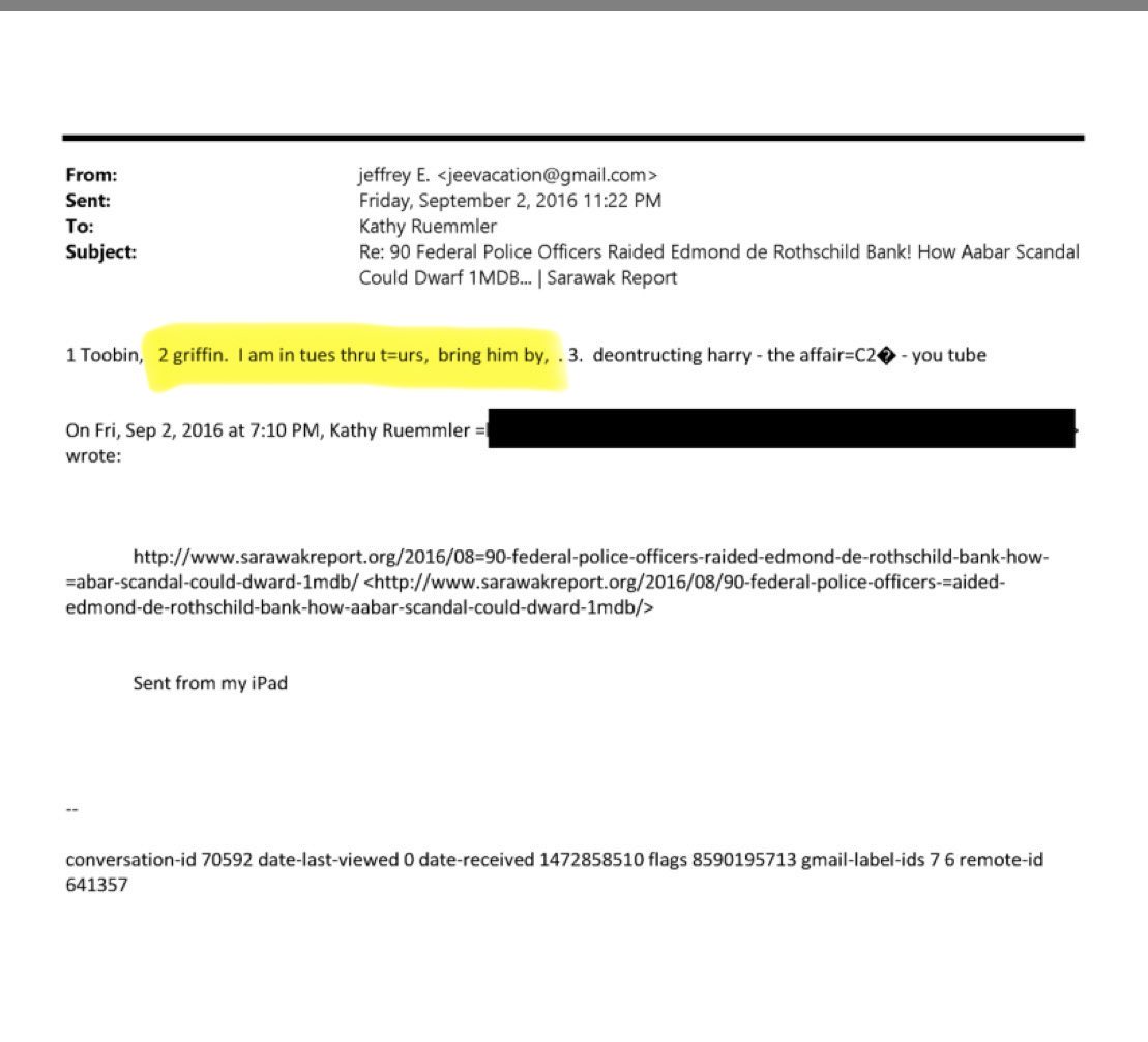 🚨 Jeffrey Epstein allegedly set up an in-person meeting with Ken Griffin during discussion about financial fraud.

Kathy Ruemmler, former FINRA board member, emails Epstein an article about the Rothschild Bank being raided.

Epstein responded: “2 Griffin, I’m in Tues-Thus, bring